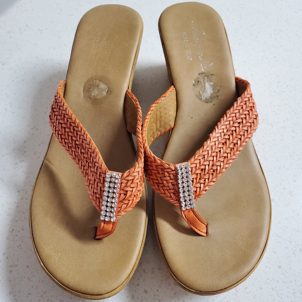 Mila Paoli Orange Tan Sandals with Woven Strap and Flat Design